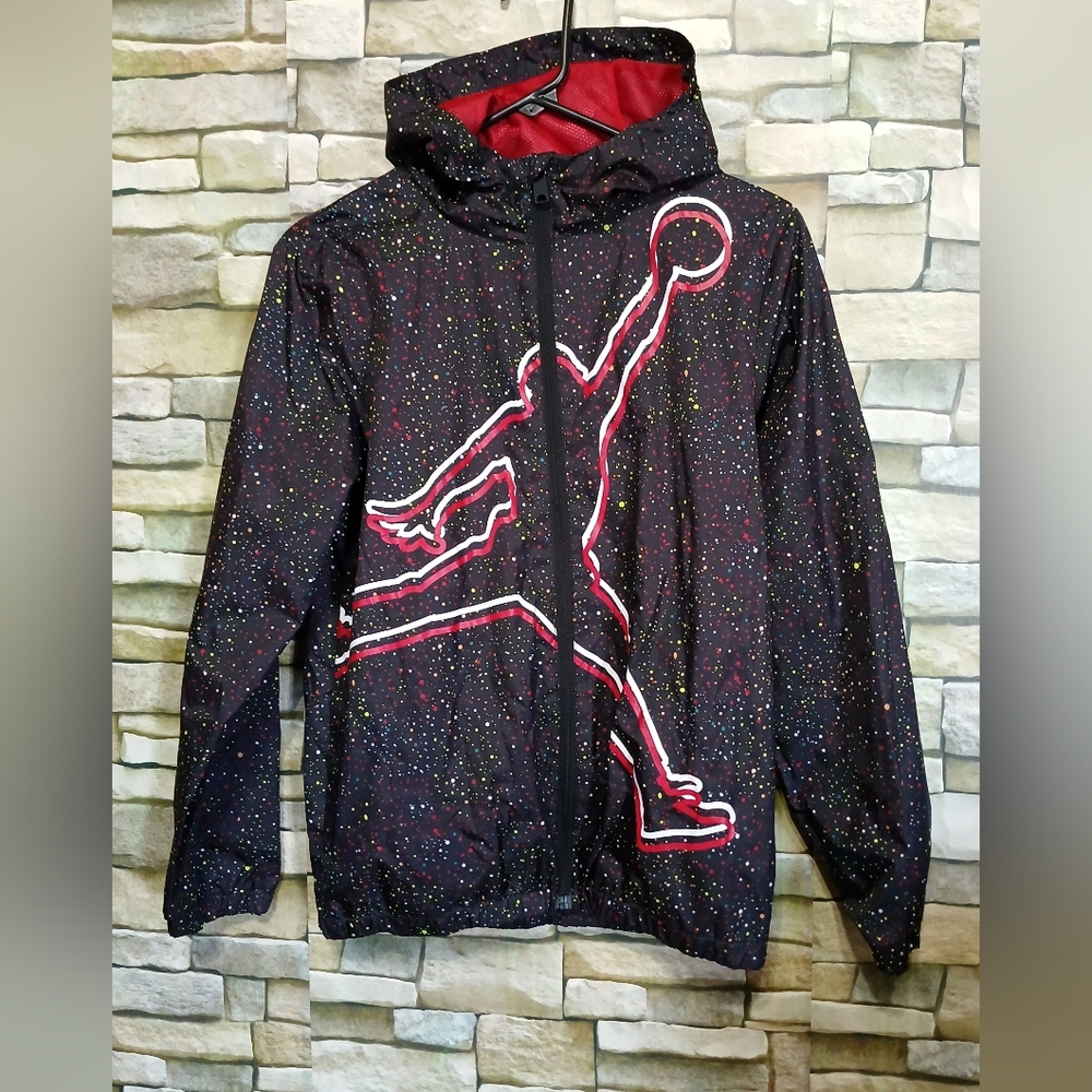Air Jordan Jumpman Boys Youth L Black/Red Speckles Hooded Windbreaker Gym Jacket